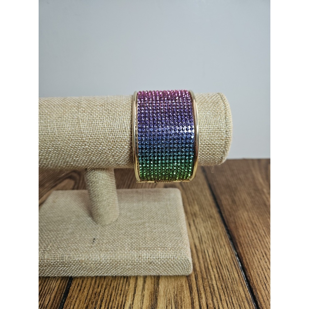 Retro Y2K Chunky Multi Color Rhinestone Cuff Bracelet Gold Tone Rainbow Crystal